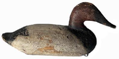 J216 Very early Canvasback Drake Decoy by John Graham (1822-1912) of Charlestown, Maryland. Second coat of working paint with areas of original paint showing, along with evidence of being shot over. Original iron keel weight, ring and staple intact on bottom.
