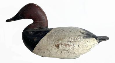 *SOLD* J319 Early Canvasback decoy carved by Joe Dye, the son of Ben Dye, lived in Havre d Grace, MD, where he worked as a fisherman, gunner, and guide. This decoy (in old working repaint) has paddle tail and the carving of the bill (mandibles)