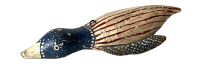 J344 Hand carved Folk Art Patriotic Duck shaped fish decoy featuring original red, white and blue painted surface. Wooden body with stationery tin wings and loose tin �feet� featuring painted details on all tin to match the body paint. Painted eyes. Solid wood body with a metal weight embedded into the duck�s underbelly. From a Wappinger Falls, NY collection. Approximate measurements:  9 ½� long x 3 5/8� wide x 1 ½� tall