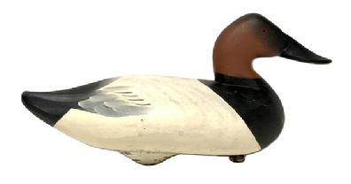 M229 Canvasback Drake Decoy carved by Charlie Joiner from Chestertown, Maryland. Circa 1960's. Original staple, ring and weight intact on bottom. Signed Charlie Joiner Chestertown, MD 1962 on bottom. Appears to be original painted surface.
