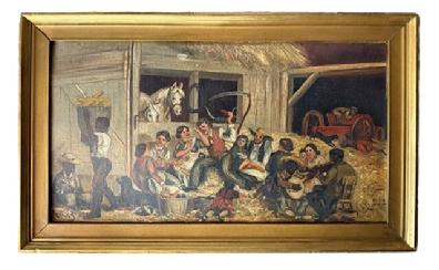 L29 Exceptionally detailed oil painting on pressed artist board  - signed by artist Raphael S - depicting a corn shucking taking place inside a Barn setting with Horses and Oxen overlooking the lively scene from their stalls, a gentleman playing a banjo and another playing a violin / fiddle. The facial expressions and gestures depicted in this painting  including the children playing with a cat (?) atop the pile of corn by the wagon - portray a happy and lively occasion. Signed, but not dated, in lower left corner. Framed measurements: 22 5/8 wide x 13 5/8 tall x 1 thick. 