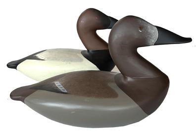 H436 Pair Leonard Lipham (Cecil County, Maryland) Charles Nelson Barnard-style Canvasback Duck Decoys � Signed on bottom �Leonard N. Lipham 5-1-2001�. Approximate measurements: 14 ¾� long x 7� wide x 8 ¾� tall