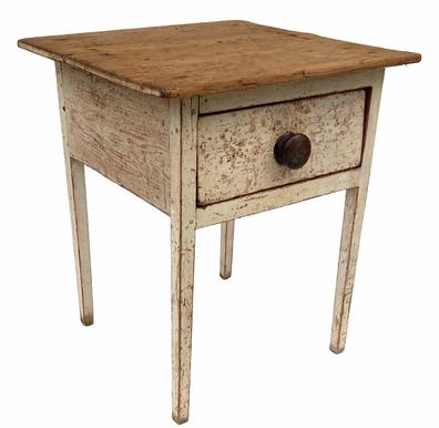 RM1284 Early 19th Century Talbot County, Maryland one drawer Hepplewhite side table in the original white paint with a dovetailed drawer and finely tapered legs. The top is chamfered on bottom to make it appear thinner than it actually is. Found in the area of St. Michael�s / Newcomb, Maryland. Circa 1830. Measurements: 20� tall x 17 1/2� wide x 17� deep.