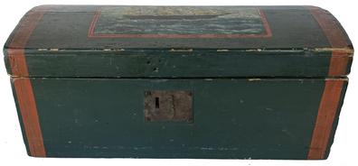 *SOLD* RM1501 19th Century New England original green and red painted dome top Document box with a painting of a 3-Masted Ship adorning the lid. Dovetailed and square head nail construction. Measurements: 24� wide x 11 ½� deep x 10 ¼� tall. 
