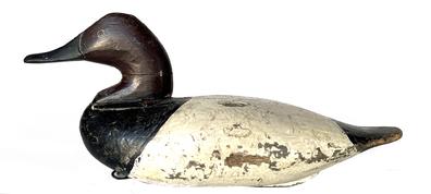 RM1505 Canvasback decoy carved by Scott Jackson (1852-1929) from Charlestown, MD. Original weight, staple and ring intact on bottom. Great surface with second coat of working paint. Circa 1920�s.