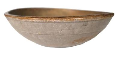 **SOLD** U454 Pennsylvania, 18th to early-19th century putty colored Turned Wooden Bowl. Original painted surface with great wear to the paint and natural patina interior. Evidence of early lathe turnings with defined top lip and 2 1/4" defined band around the sides as it tapers to an ever-so-slightly raised foot bottom. Out of round. Measures 17 1/4" x 17 3/4" diameter x 6" tall