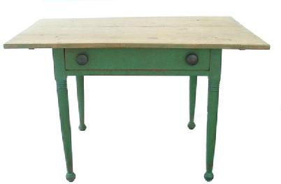 Z190 Early 19th century Pennsylvania Country Sheraton Maple Scrubbed Top Table. Two board top held in place with wooden pegs, full width skirt, dovetailed drawer,  very gracefully turned legs with turnip feet and original apple green paint. Circa 1820. Measurements are: 26-1/2"tall x 44"wide x 32"deep.  