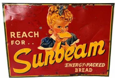 H14 mid 20th century  Sunbeam Bread sign from the 1950�s , features little Miss Sunbeam. The colors, condition and graphics are fantastic. Miss Sunbeam is shown taking a bite of her slice of buttered Sunbeam bread, the energy packed bread. This is an authentic Sunbeam sign made of metal with embossed edge. Miss Sunbeam and the Sunbeam lettering are also embossed. Dated in the riight hand corner of the sign 1953 27 1/2 wide x 19 1/2 tall