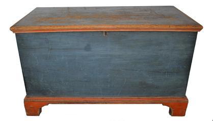 Im3 Early 19th century Lancaster County Pennsylvania Blanket Chest circa 1820 in the original pumpkin and blue paint. dovetailed case, with applied molded bracket base,