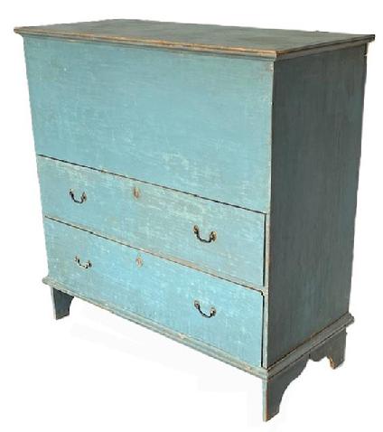 **SOLD** K1792 18th century New Hampshire Chest over Drawers / Mule Chest , wuth the  original stunning blue painted surface. One board construction, with applied molding around the lid, the drawers are dovetailed,  T nail and square head nails, with carter pin hinges. The wood is white pine. The interior is nice and clean,  Measurements: 41 wide x 18 ½ deep x 41 ¼ tall.  