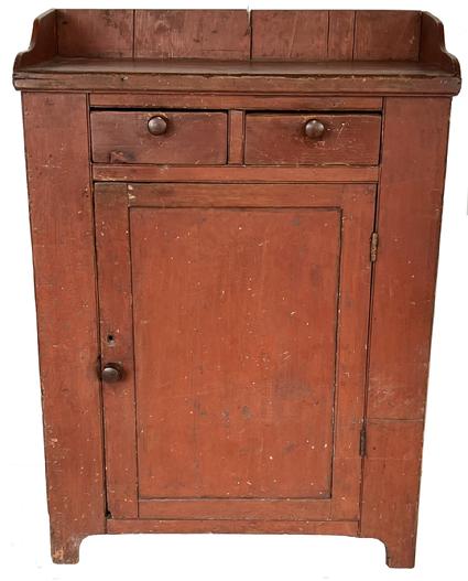 H234 Early 19th century Pennsylvania Jelly Cupboard, in the original red paint, dovetailed case with two dovetailed drawers over a single panel door, with a nice high cut out foot, and applied gallery. Nice, clean interior, original knobs. Measurements are: 51 ½� tall x 37� wide x 19 ½� deep