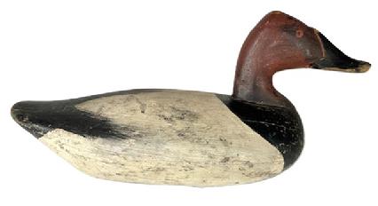 K1843 Canvasback Drake decoy, carved by James A. Currier (1886  1971) of Havre De Grace, Maryland. This Decoy retains second coat of working paint. Original weight, staple and ring remain intact on bottom.  