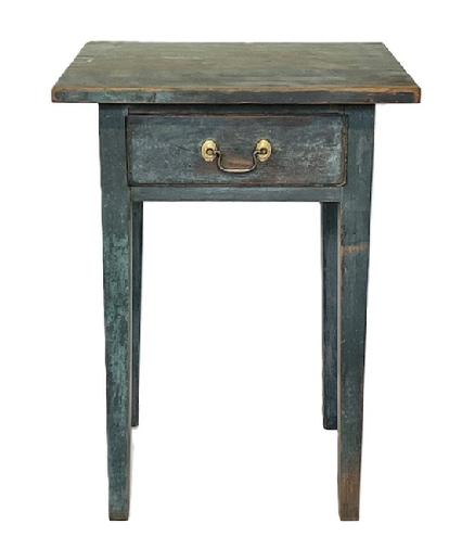 **SOLD** K1860 Stunning 18th century Centre County, Pennsylvania original blue painted Hepplewhite one drawer stand with dovetailed drawer bearing beaded edging and original brass hardware. Rosehead nail construction. Circa 1790-1800. Fantastic original color and surface. Measurements: 22 ¼ wide x 22 ½ deep x 30 tall. (22 ½ apron to floor).  