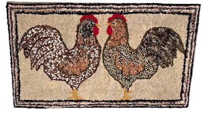 **SOLD** L518 Early 20th century Hooked rug featuring two large chickens on a beige colored background with a nice variegated and black striped border. Hand hooked, mixed fabrics on burlap. Mounted and ready to hang. Found in Virginia. Mounted measurements: 34 &frac12;� wide x &frac34;� thick x 19 &frac12;� tall.  