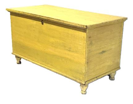L519 Beautiful late 19th century York County, Pennsylvania original mustard yellow painted blanket chest with turned feet. Very fine dovetailed case with applied molding around top, resting on shaped, turned feet.  Super clean interior with lidded til inside. The wood is poplar, one-board construction with a walnut til. Measurements: 43 &frac34;� wide x 21 &frac12;� deep x 23 &frac34;� tall. 