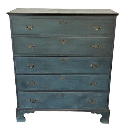 **SOLD** K1735 Stunning late 18th century New England Chest over Drawers / Mule Chest with original blue painted surface featuring two faux drawers over three functional dovetailed drawers with beaded edges resting on a tall, cut out dovetailed applied bracket base. Applied molding surrounds the lid. Lid lifts to reveal clean, natural patina interior and original hinges. T nail and dovetailed pine wood construction. Circa 1790 - 1800.  Measurements: 41 ¼ wide x 17 ¼ deep x 47 ½ tall.   