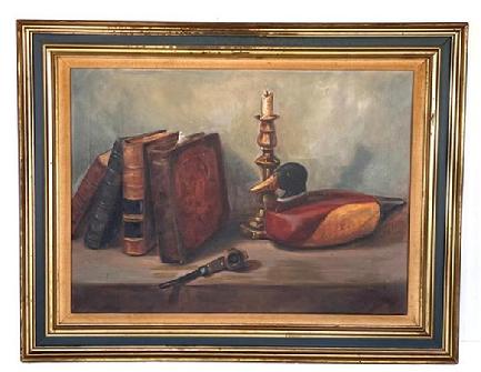 H91 Framed Oil painting on canvas featuring a still life of a book, candlestick, pipe and decoy. Signed in lower right hand corner 'Ella Ruark'. Artist's card is stapled to back - indicating it was from Baltimore, Maryland. Framed measurements: 30 1/4" wide x 24" tall x 1 5/8" thick. NOTE: Ella Ruark (1915 - 2015) was born in Hooper's Island, Maryland in 1915, graduated from Hooper's Island High School in 1932 and moved to Baltimore with her husband in the 1940's. 