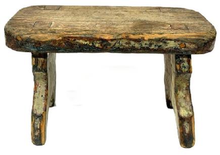 M257 19th century original blue painted Stool featuring a nice cut out design on each leg/end of the stool. The legs are double mortised through the top. Very sturdy. Circa 1840. The wood is white pine. Measurements: 12" long x 7" deep x 7 1/2" tall