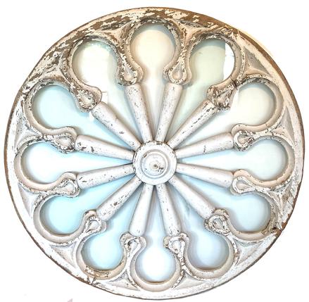 SB17 19th century Pennsylvania, large Gothic-style round architectural window. Circa 1860 Beautiful carved details. Old white , very  sturdy. Wonderful workmanship, the window is assembled  in pieces and jointed to form the circle   Measurements: 50 1/2� diameter x 2 5/8� deep. 
