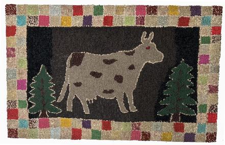 F127 19th century beautiful hand hooked rug depicting a folky cow standing between two evergreen trees on a black background. The rug�s 4� border consists of a double-row checkerboard of many colors. Constructed of several types of fibers hooked into burlap. It has been professionally cleaned and mounted on frame that is ready for hanging. Measurements are 41" wide x 22" tall
