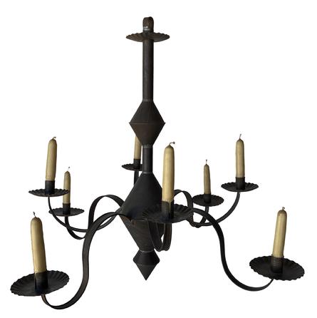 F153 Pennsylvania hand made tin Chandelier, signed on top by maker  J.K.R..  It has eight arms and is not electrified. Bees wax candles are included with Chandelier.  Measurements are: 29 ½ diameter x 26" tall