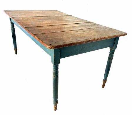 J83 19th century Pennsylvania Country blue and red Painted Farm Table from a Chester Co. Pennsylvania Estate. Table features very gracefully turned legs. Apron is mortised into the legs.  Very unusual top with the boards running from side to side with rounded corners. The table retains its original red and blue paint. Measurements: 63" long x 35 1/2" wide x 29" tall. (Apron to floor measures 23 ½�)