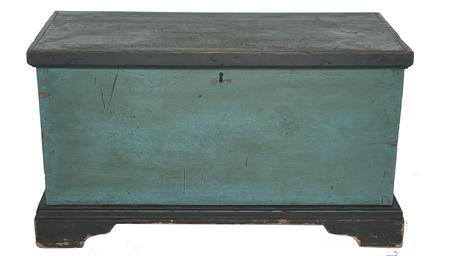 **Sold**J294 19th century Berks County, Pennsylvania diminutive Blanket Chest circa 1850 with the original blue and black paint. Dovetailed case with an applied dovetailed bracket base. Oversized till on the interior. Great small size. Measurements are 32� wide x 16� deep x 17 ½� tall