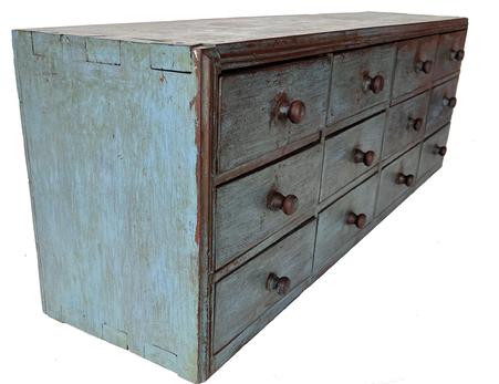 H64 Early 19th Century Lancaster Pennsylvania Apothecary Chest,  circa 1820 in beautiful blue paint, The case is dovetailed as well as the Twelve-Drawers, the wood is cherry and  walnut secondary wood. Measurements are 13"h. x 39"w. x 10-1/2"d. Condition: Good with wear