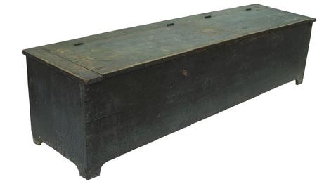 T33 Eastern Shore Maryland double lid  Wood Box, circa 1840,  one board construction, square head nails,  with the original pewter gray paint. 