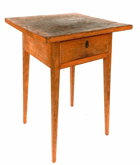 *SOLD* G527 Exquisite early 19th century Pennsylvania splay leg hepplewhite one drawer stand in original pumpkin paint.  One board top features large, original wooden pegs and rests atop a canted base with gracefully tapered legs that are also pegged. The drawer has a molded-lip and is tightly dovetailed. The sides and front of the drawer are also canted to match the base. Nicely chamfered drawer bottom. The drawer retains its original escutcheon and it never had a knob - which is why the wear is at the bottom of the drawer - where fingers pulled/pushed it in/out over the years. Fantastic form and workmanship! Circa 1830-1840's. Measurements:  30" tall x 20 1/2" wide x 20 1/4" deep
