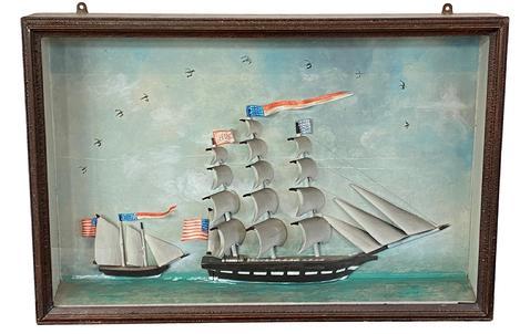 **SOLD** F124 19th Century American Glazed Full Rigged Schooner Diorama, circa 1860 The Framed Wood And Glazed Diorama Depicting, two, Three-Masted, Full Rigged Schooners