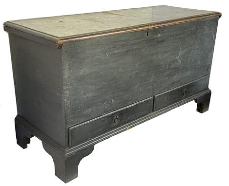 H1044 18th century Pennsylvania original pewter gray painted pine blanket chest with a dovetailed case and two dovetailed drawers resting on a high applied bracket base. Rosehead nail construction. Clean, natural patina interior with a small glove till. Original, unusual ring pulls on each drawer. Circa 1750s.  Measurements: 54" wide x 21" deep x 30" tall