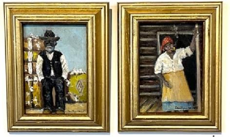 K1833 Pair of Portrait Paintings of a black man and a black lady signed by Christopher Willett (1959 -Present) of Bucks County, Pennsylvania. Each painting is oil on board, with the artists signature in lower right hand corners. The gentleman has The Foreman  Mississippi written on back with signature of Chrostopher Willett below.   The lady smoking her pipe has After Dinner written on back with signature of Christopher Willett below. Each frame measures 8 wide x 1 ½ deep x 10 tall.  The paintings are each done on board measuring 5 wide x 7 tall.  