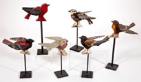 E217 SIX, carved and painted wooden Birds with later bases, painted like a Baltimore Oriole . Each with an old painted surface. First half 20th century. 7 1/2" to 10" HOA.