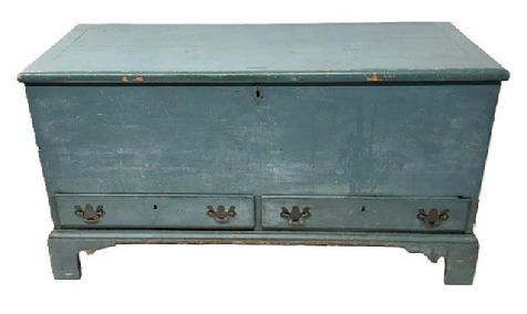 M315 Stunning 18th century identified Pennsylvania Chippendale blanket chest retaining old blue over original blue painted surface with a dovetailed case and two dovetailed drawers resting on a high applied bracket base with dovetailed feet. Lid has breadboard ends and molded edge. The wood is pine, six board dovetail construction. Clean, natural patina interior boasts a lidded till with beaded edge and a hidden drawer below. The back of the drawer is signed �William Pearson I am� on one side and the name �Charles Sopris� is etched in the opposite side. Circa 1780s. Measurements: 49� wide x 19 &frac34;� deep x 26 &frac12;� tall. 
