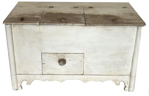 H41 Late 19th century Pedmont North Carolina  storage bin with the original white paint, very unusual form haveing  3 individual hinged lidded compartments with drawer in front, on a  tall feet, and a decorative cutout base circa 1880  Measurements are: 48: wide x 32" tall x 21 1/2" deep 