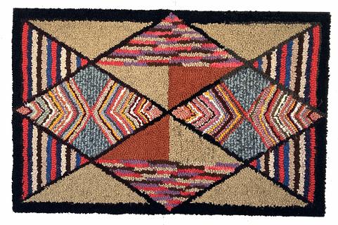 D451 Late 19th century  Pennsylvania geometric hooked rug, , with variegated diamonds and triangles, professionally mount and ready for hanging in outstanding condition measurements 26" x 40".