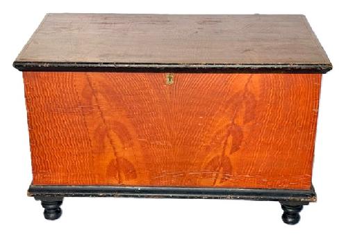 K1861 Beautiful Pennsylvania Paint Decorated Blanket Chest with turned feet. Dovetailed case with applied molding around top and bottom, resting on black painted turned feet. Super clean interior with lidded til inside. The wood is pine. Circa 1850s. Measurements: 37 wide x 21 deep x 23 tall.  