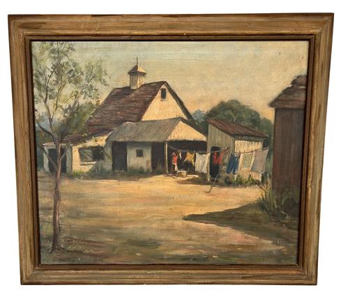 H213 Early 20th century oil on canvas Painting by Sarah Jump of Easton, Maryland. "Monday Morning" depicting a woman hanging laundry on clothesline with a house and barn in the background. Signed in lower left corner. Framed Measurements: 34 1/4" wide x 28 1/2" tall