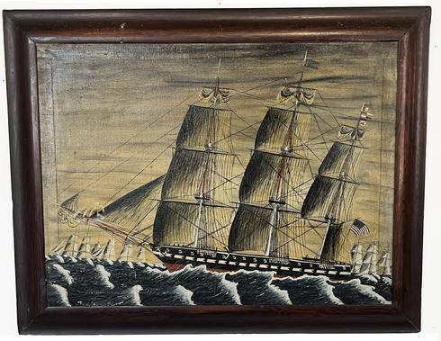J365 Folk Art framed ship painting -