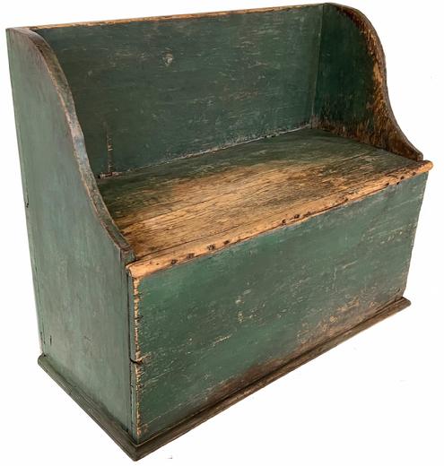 *SOLD* H187 Early 19th century Shenandoah Valley Virginia, high back Bench / Wood Box  circa 1820 with shaped ends, lift-top seat board concealing an open well. Retains an old green-painted surface. square head nail construction  . Measurements are  31 1/2" H, 38" W, 17 1/4" D.
