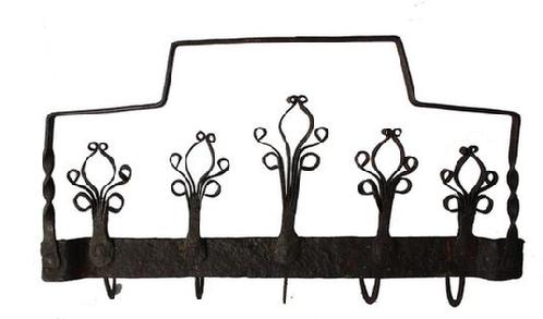B582 18th Century Wrought Iron Utensils Rack , hand forged iron, A really nice example of early iron with curled ends, with five hooks for hanging utensils, the hooks are attached to the base with iron rivets, It is in great condition and  all original circa 1770-1790