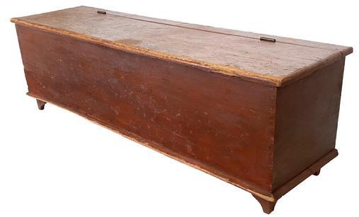 **Sold**C120 Early 19th century Lancaster County Pennsylvaina , circa 1820 original red painted, single lid Wood Box , with a doveailed case, the wood is white pine, six board square head nail construction, the wood Box is resting on small applied feet. This wood Box still retaines it original dry red paint on the inside as well as the outside, all original 