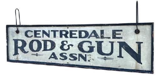 H419 Exceptional 19th century Rhode Island double sided sign advertising "Centredale Rod & Gun Assn." Untouched dry surface with original black painted letters on a white background with a 2 1/4" wide black painted applied molding encasing the entire sign. Extremely well preserved with very slightly weathered surface and minor crackling to paint. Retains early metal wire hangers, as well as several holes for optional ways of hanging / displaying. "Centredale" (also spelled "Centerdale") is a village within the town of North Providence, Rhode Island. Documentation indicates the Centredale Rod & Gun Assn. was host to many trap shoots in the Summer of 1898 that