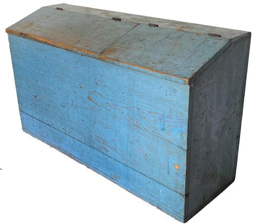 G502 Sensational 19th century Pennsylvania rare Country Store storage bin, in beautiful dry original blue paint all one board construction, two lids with baton on the inside  , the interior is old natural patina, with divider,. It has beautiful dry blue painted surface, never over painted. Circa 1820 -1840   Measurements are 17� deep x 48�  long x 28� � tal