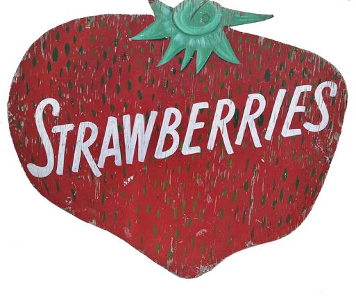 H273 Early 20th century large strawberry shaped roadside trade sign from Hanover Pennsylvania. � advertising �STRAWBERRIES�. Double sided. The colors of this sign are beautiful with the white lettering painted on a realistic background of red with green �seeds� and added shading details to the cap leaves at the top. This sign is from a private Pennsylvania collection. Measurements: 46 ¾� wide x 40" tall