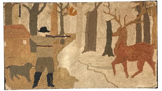 G860 AMERICAN FOLK ART HUNTING / SPORTING SCENE PICTORIAL HOOKED RUG, rectangular form, depicting a hunter with dog pointing a rifle at a stag deer, background featuring trees and a cabin. Mounted to fabric on a wooden stretcher for hanging. First quarter 20th century. Measurements:  36" x 20 1/2".