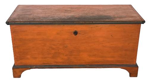 **SOLD** K1531 Stunning 18th century Pennsylvania original pumpkin and blue painted Blanket Chest with original strap hinges and working crab lock with key. Dovetailed case with applied bracket base with tall cut out feet. Clean, natural patina interior boasts a lidded til with molded edge. Rosehead nail and wooden pegged construction. Circa 1750s. Measurements:  51 ¼ wide x 22 ½ deep x 24 ¾ tall.  