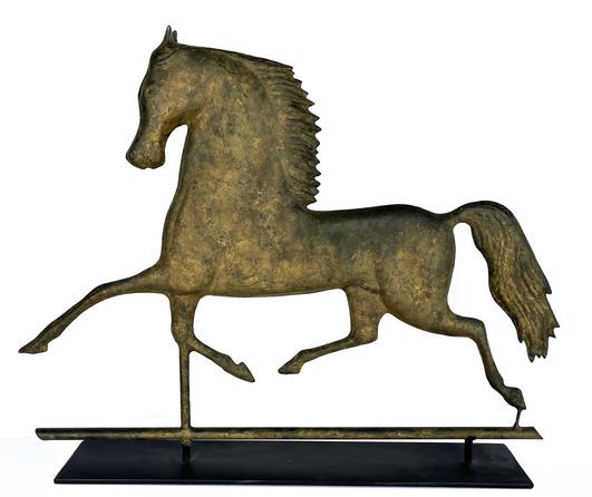 J429 Stunningly graceful 19th century full body molded copper �Black Hawk� trotting / running Horse Weathervane with cast zinc ears. Attributed to Harris and Company of Boston, Massachusetts. Circa 1875-1890. (NOTE: The racehorse, �Black Hawk�, was a popular winner from the 1840s and was the subject of many weathervanes.) Measurements: 26 ½� long x 21� tall. Professionally made base measures 23 ¼� long x 4� wide.  