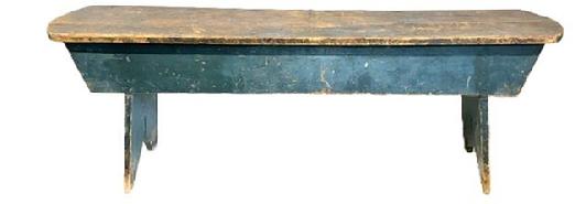 M1141 19th century Pennsylvania original blue painted bench with rounded ends and double drop aprons that are mortised into the splayed legs that end in decorative cut out feet. One board pine construction. Circa 1840s-1850s. Measurements: 58 &frac12;� wide x 13 &frac14;� deep x 19 &frac12;� tall. 